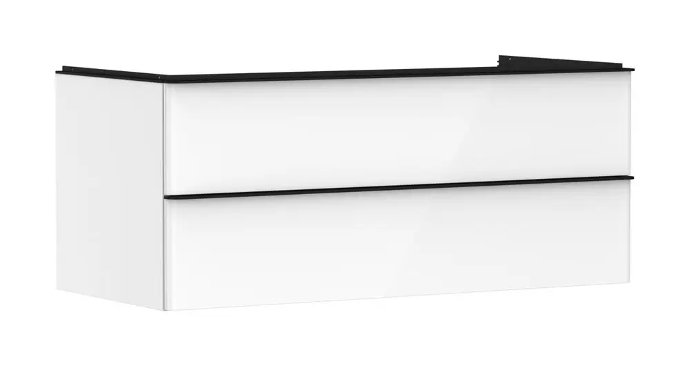 Waschtischunterschrank in Weiß, zwei Schubkästen, geeignet für einen Aufsatzwaschtisch. Design von Hansgrohe, einfache Linienführung.